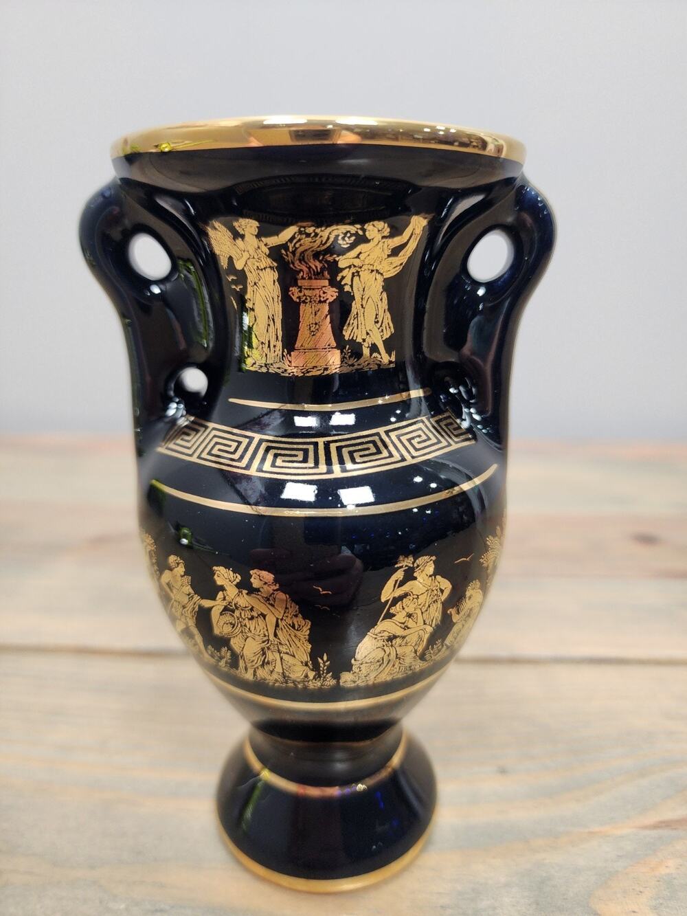 Vintage Greek Porcelain Vase Handmade in Greece Black with 24k Gold